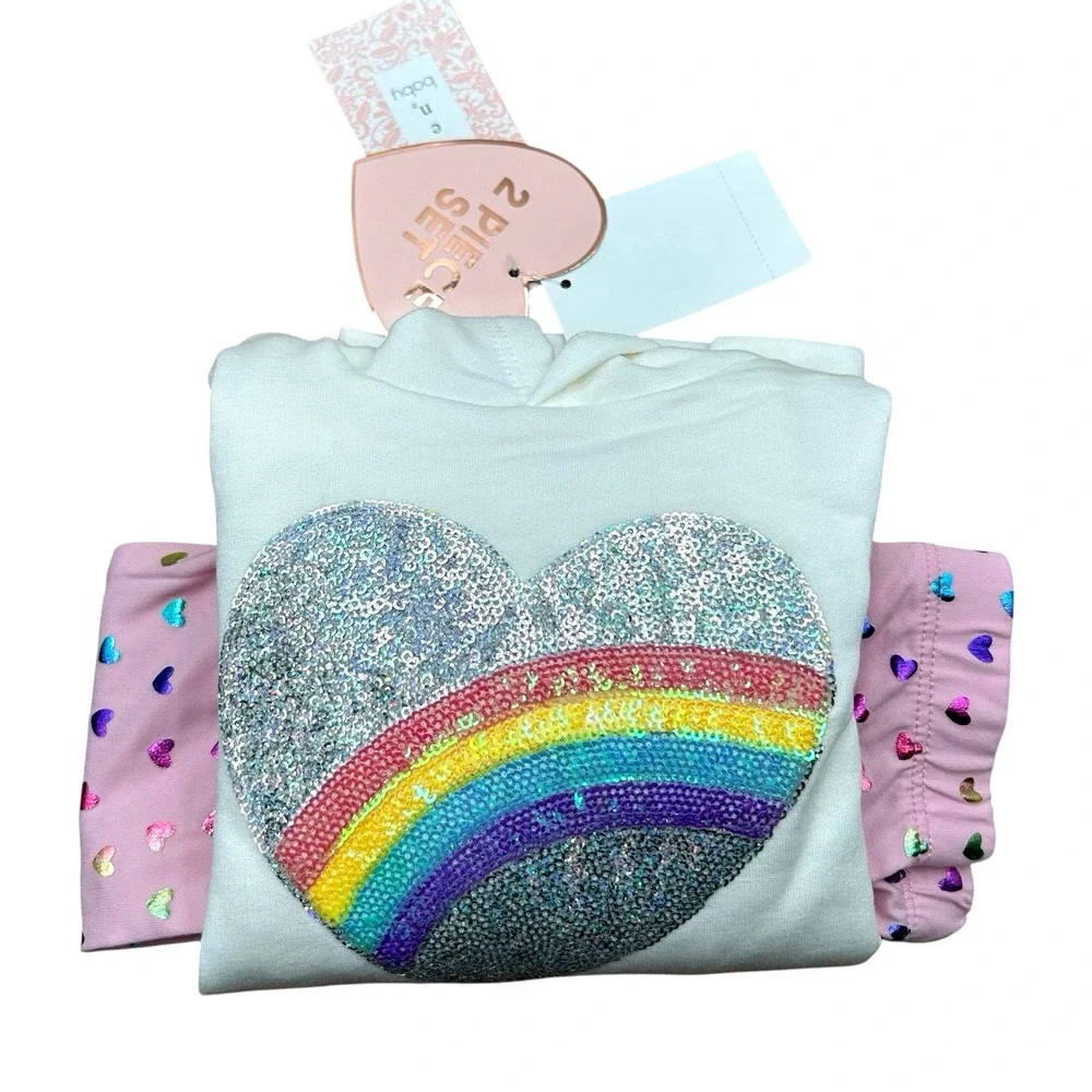 Btween Baby Girls Fleece Heart Hoodie & Leggings Outfit Set 12 Months White Pink